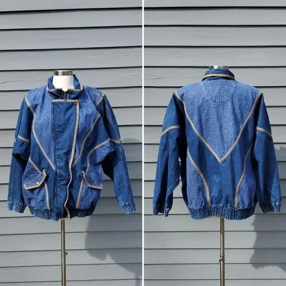 Vintage 90s y2k Blue Denim Jean Floral Bomber Jacket Coat Unisex Large - Picture 6 of 6